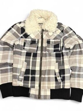Y2K Fox Sherpa Plaid Fur Lined Bomber Light Sweater Jacket